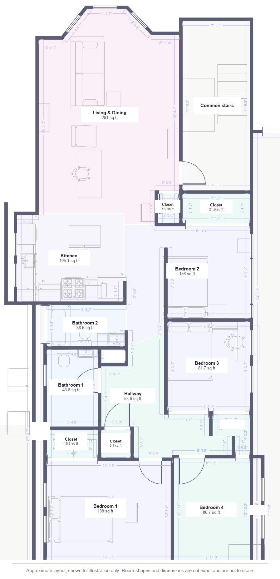 Floor plan of the four bedroom apartment at 285 Lamartine Street